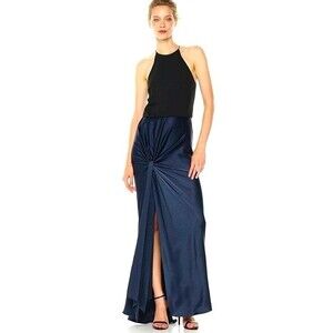 Halston Heritage Sleeveless High Neck Satin Gown Twist Drape Skirt Navy/Black 4